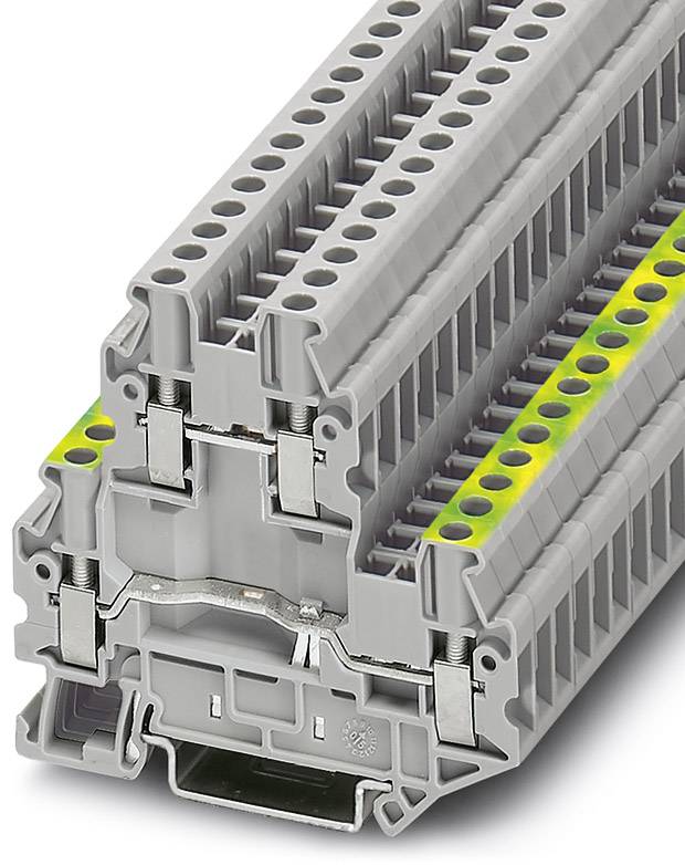 Grey terminal block with multiple connection points, diagonal view. Current distribution in electrical installations.
