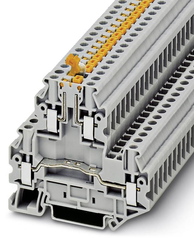 Grey, multi-tier terminal block with orange levers on top, used for secure wiring in electrical control cabinet applications.