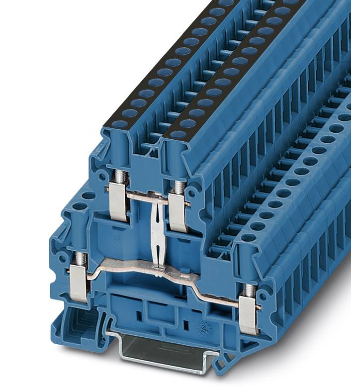 Blue terminal block, three-tier, suitable for multi-conductor connection in electrical control cabinets, made of robust plastic.