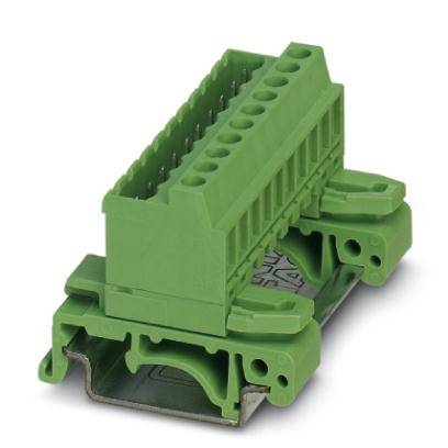 Green plastic and metal electrical connection clamp, profile view.