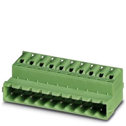 Green, rectangular multi-pin connector used in electronic devices for connecting cables.