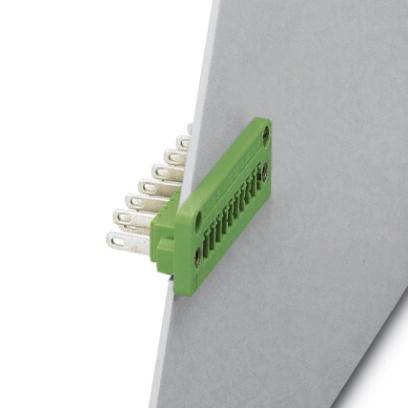 Green insertion module, half inserted into a plate, with visible metal pins on the left side.
