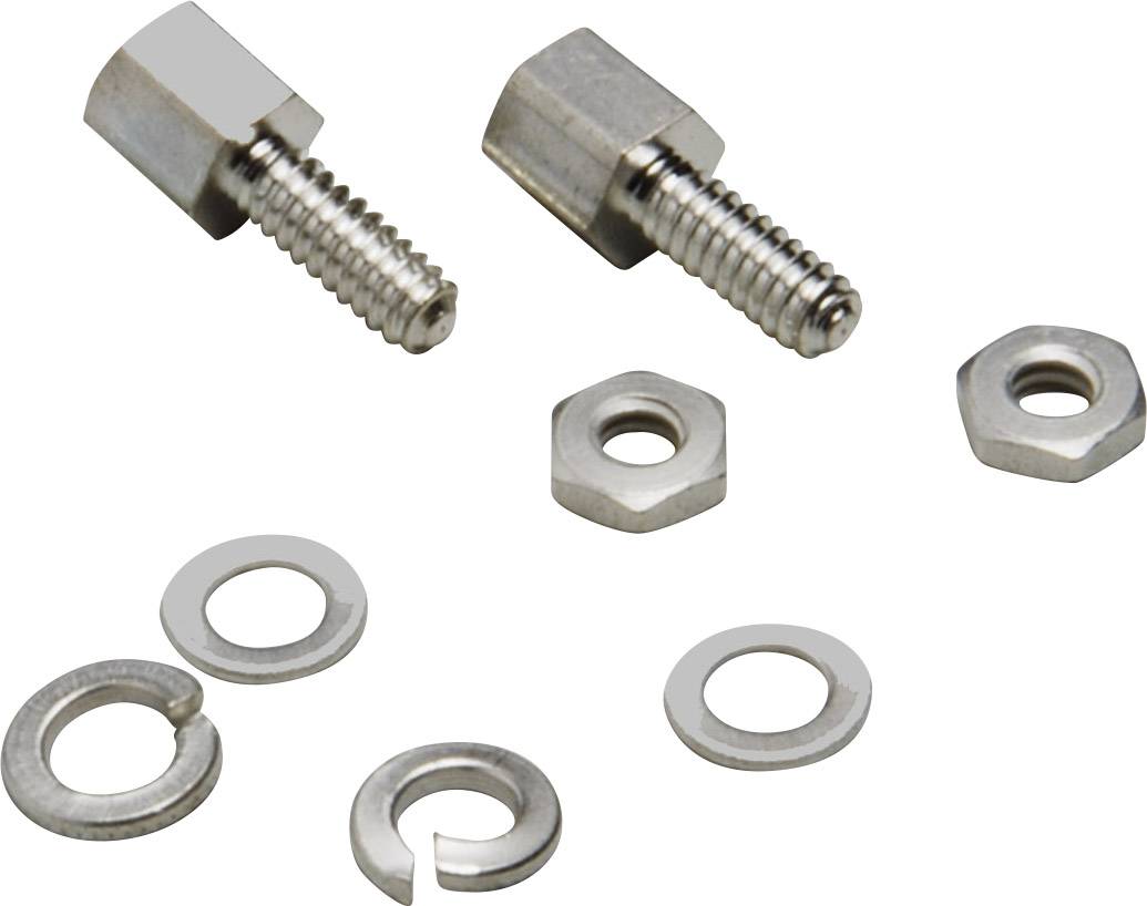 Two metal threaded screws, two nuts and four washers are lying on a white surface.