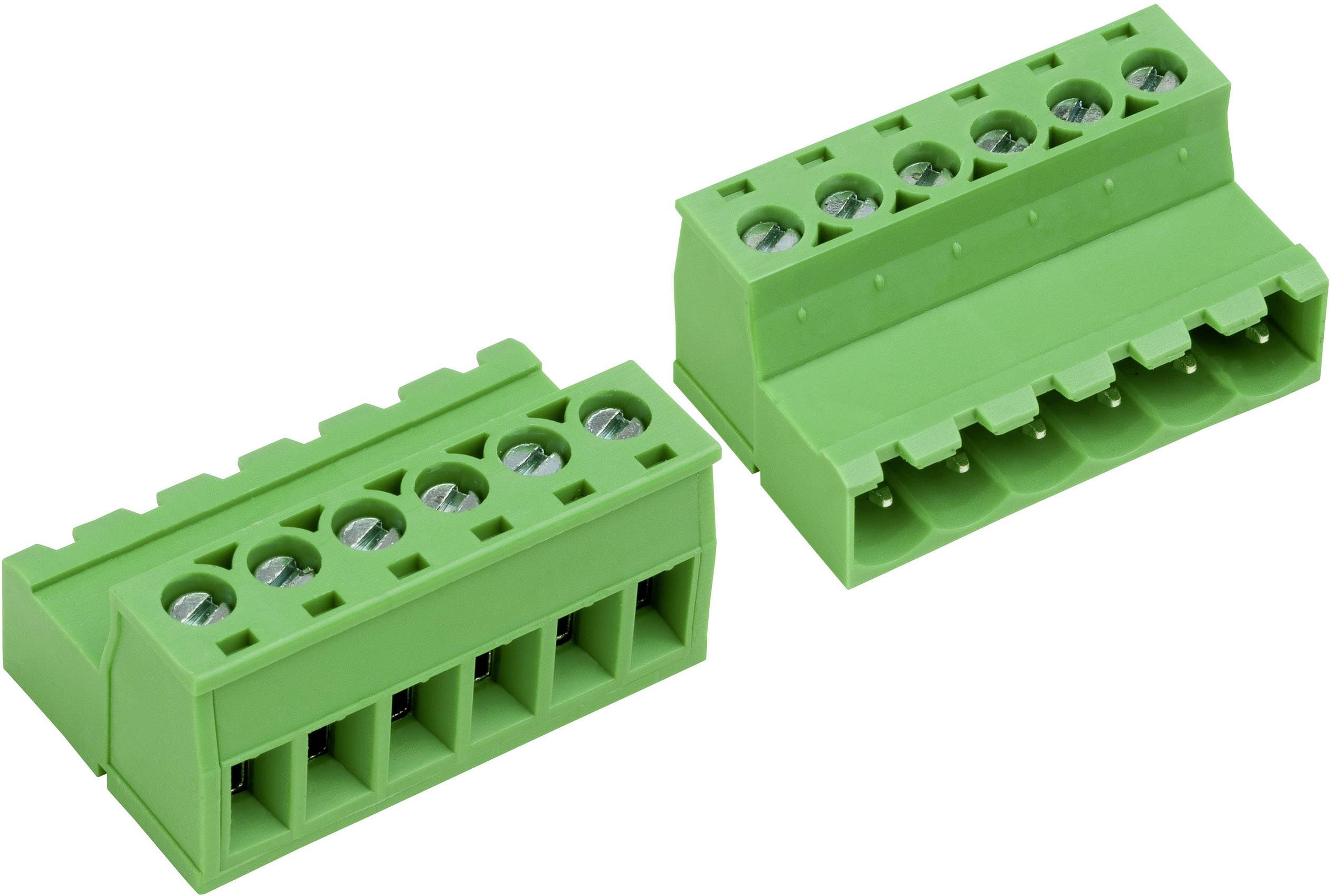 Two green circuit board connectors with five terminals.