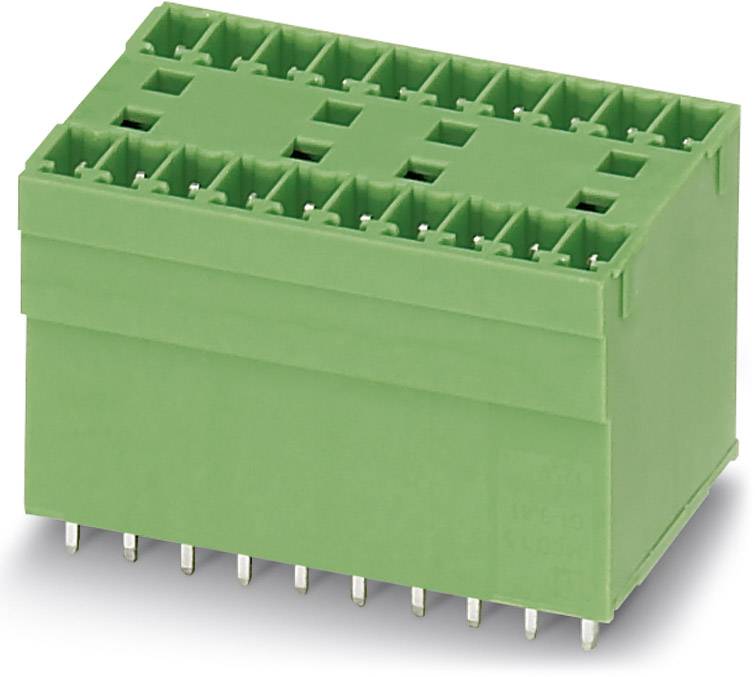 Green multi-terminal plug connector, rectangular in shape, suitable for electronic devices and wiring.