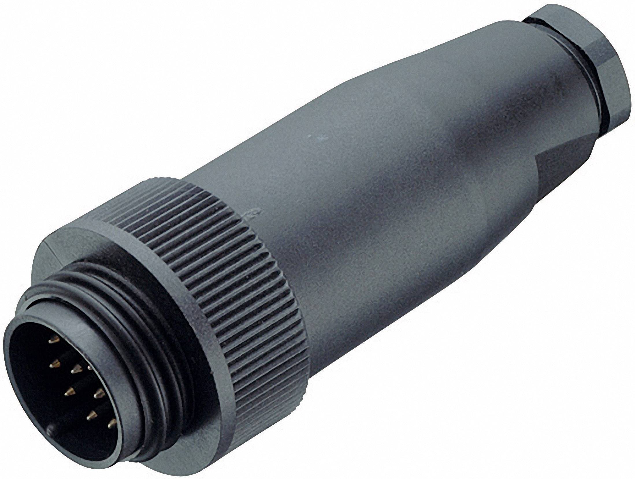 A black, round plug with multiple metal pins, suitable for electronic connections.