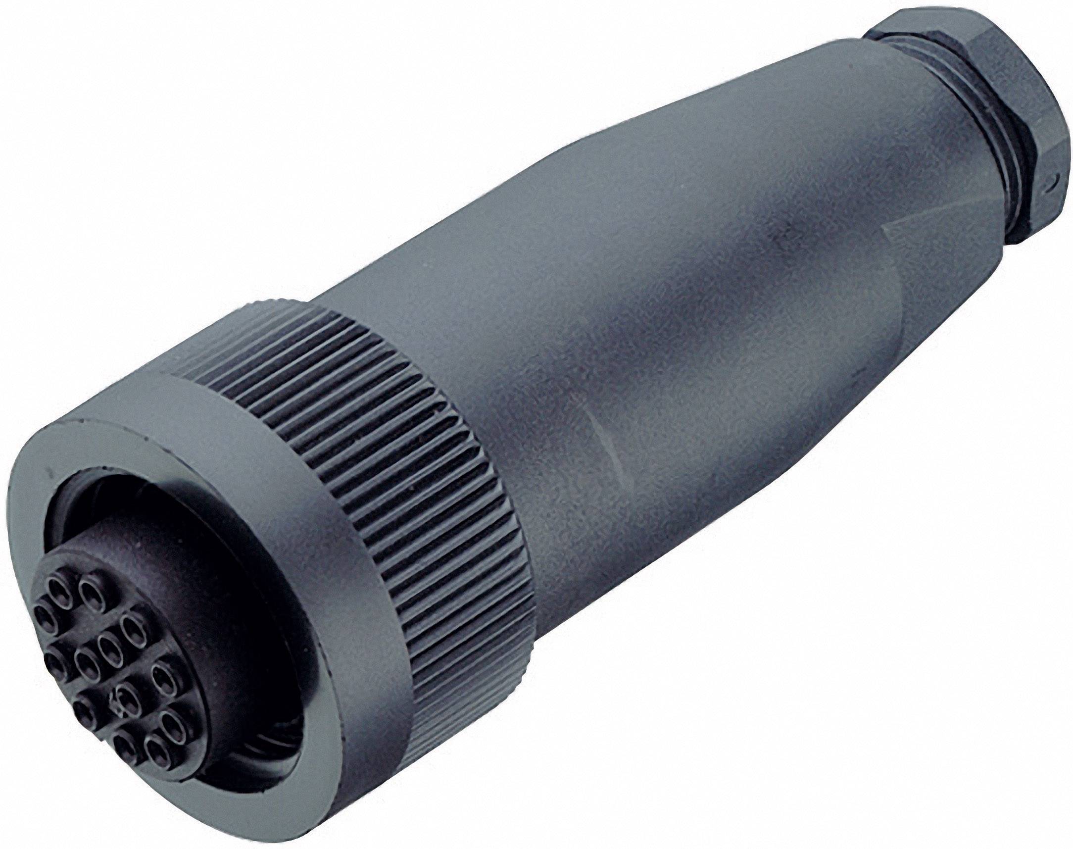 Metal plug, cylindrical in shape, black in colour, with multiple contact pins at one end, suitable for electrical connections.