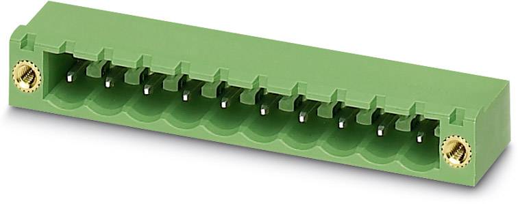 Green plug connector with eleven metal contacts and side screw fixings, used for connecting electrical components.