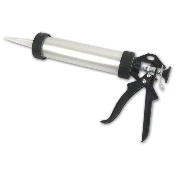 A black-handled silicone gun with a metallic cylinder, used for applying sealants.