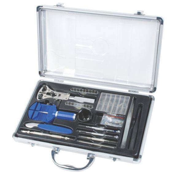 'Open silver case with watchmaker's tools: magnifying glasses, watch holder, tweezers, screwdrivers. Ideal for repairing watches.'