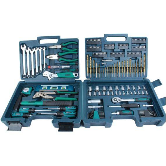 Large tool case with various tools such as screwdrivers, pliers, drill bits, spanners, and bits in organised compartments.
