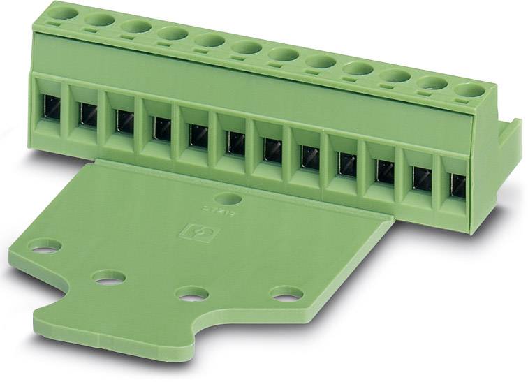 Green electronic connector component with multiple terminal blocks, set against a white background.