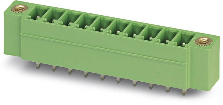 Green, rectangular plug connector with multiple pin rows for electrical connection, suitable for PCB mounting.