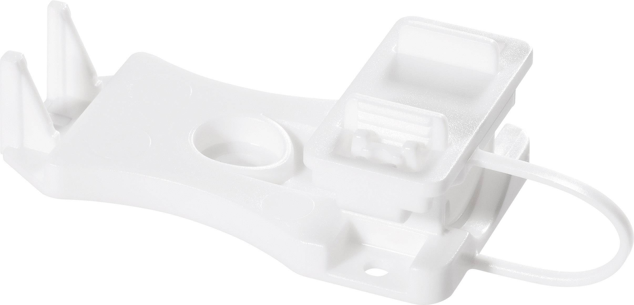 White plastic clip with a narrow opening and clamping mechanism, possibly suitable for securing cables.