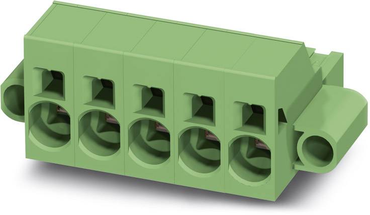 Green five-pole electrical connector with rectangular openings and side mounting elements.