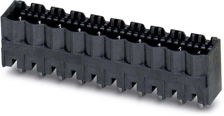 Black, elongated connector for electronic circuits, with multiple pins for connecting electrical components.