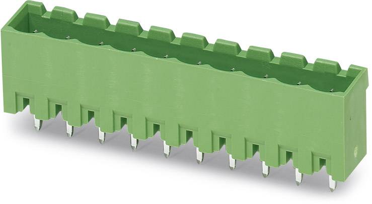Green plug connector with 12 pin contacts, rectangular shape, suitable for electronic circuits and device connections.