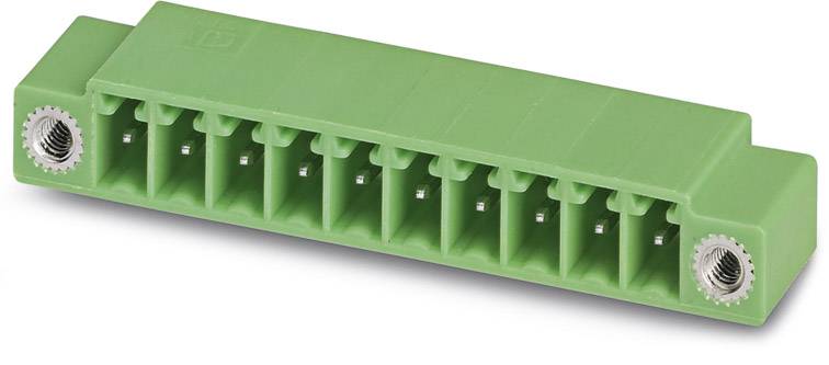 Green electrical connector block with ten terminals, each featuring a screw socket. Used for electrical connections.