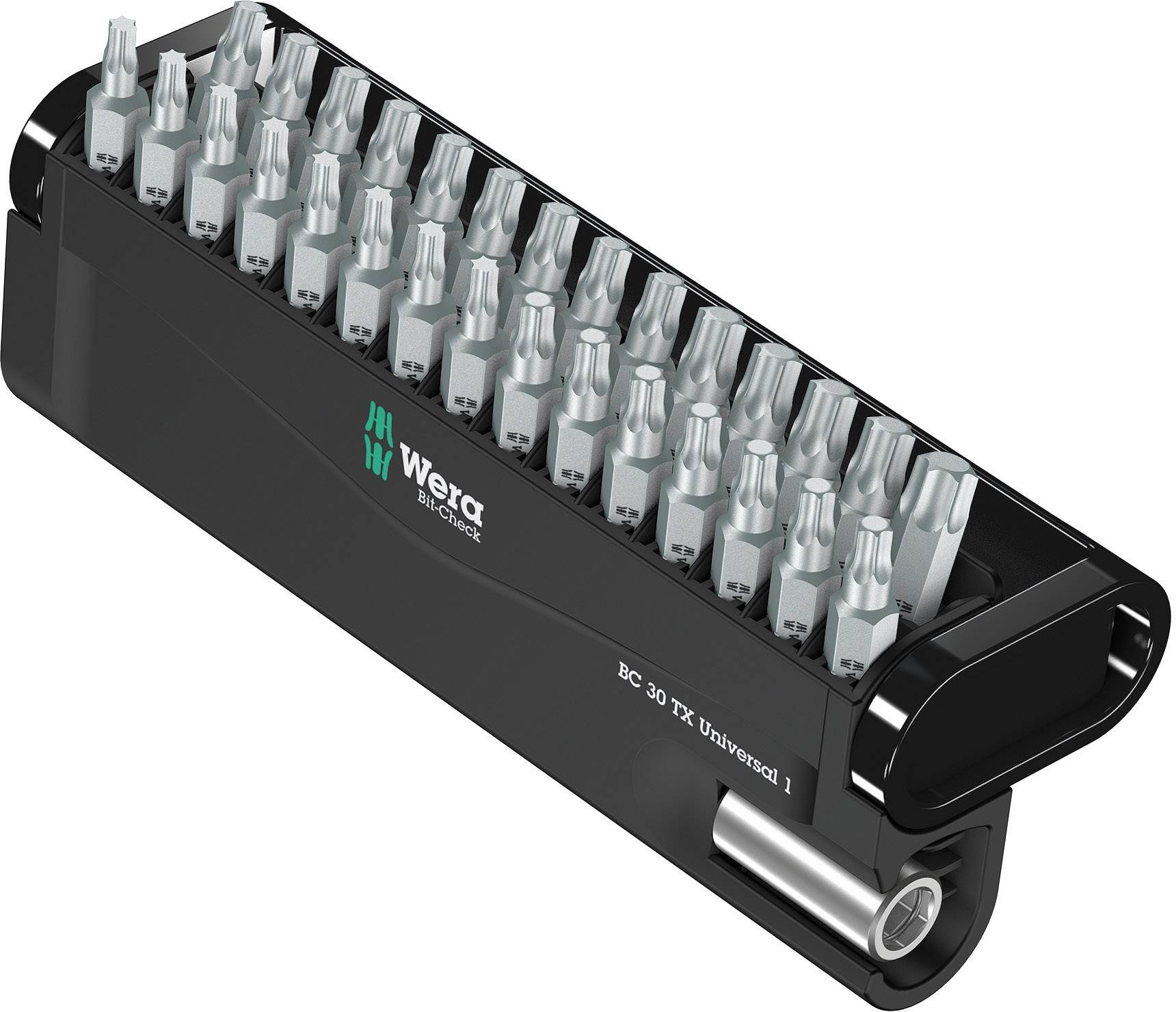 A set of Torx bits by Wera in a black holder, model 'EC 30 TX Universal 1', suitable for various screw-related tasks.