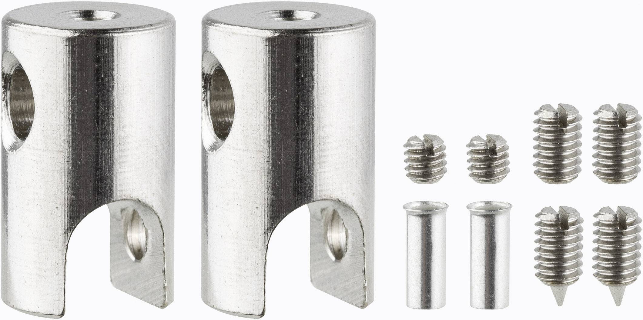 Two silver cable clamps with screws for securing cables.