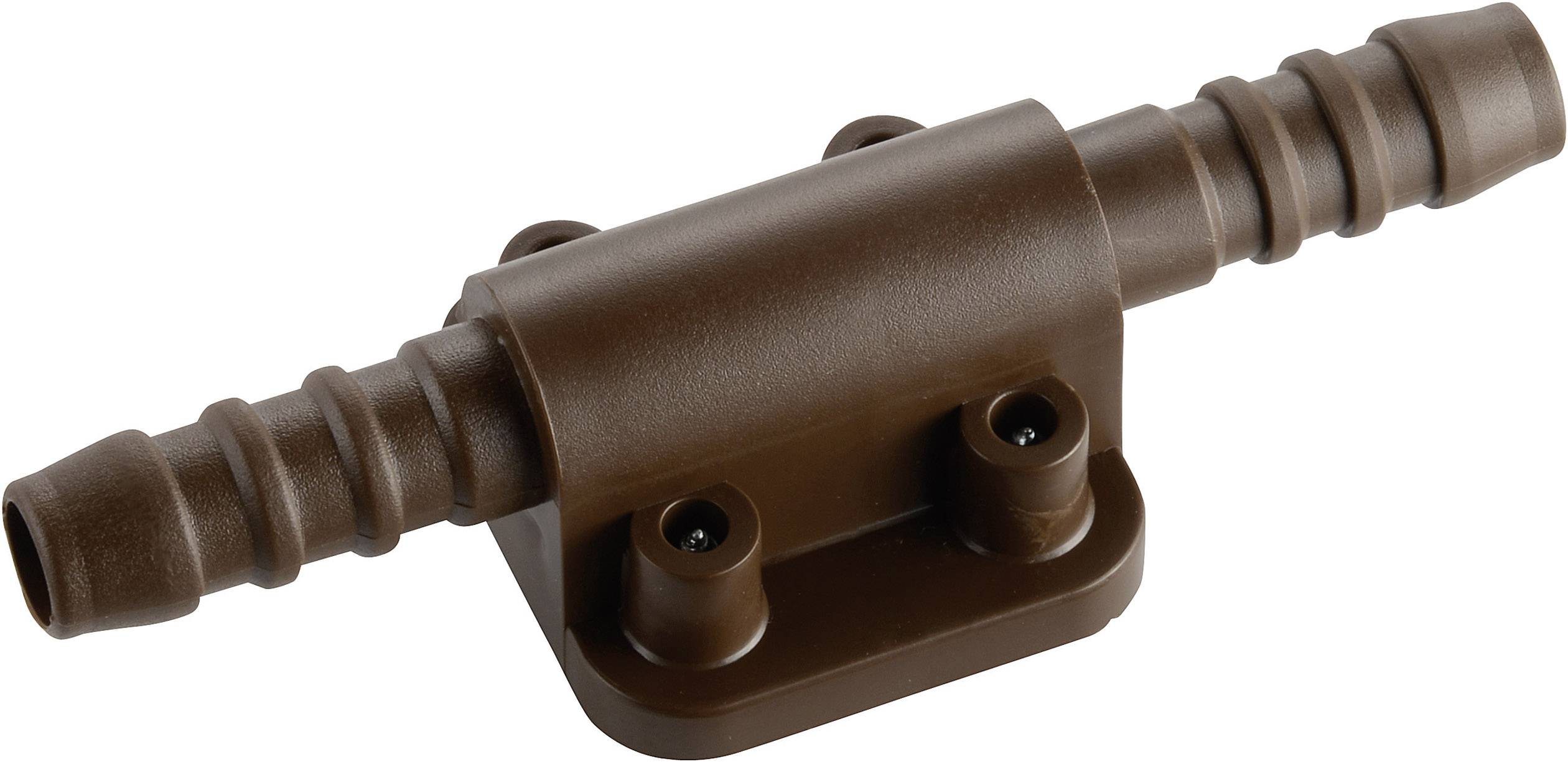 A brown plastic connector with ribbed ends, used for joining hoses.