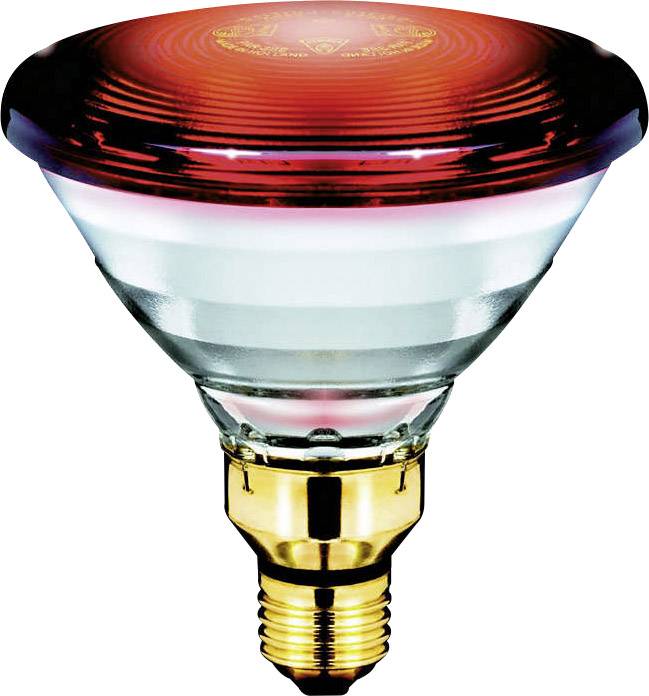A red-glowing infrared lamp with a golden base, suitable for heat applications in animal husbandry and physical therapy.