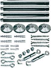 A set of metallic tension rods, threaded screws, and fixing elements. Ideal for mounting signs or façades.