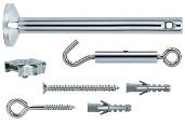 Metal Hook Screw Set with Wall Plugs, Screws and Set Screws, suitable for fixing to hard surfaces or walls.