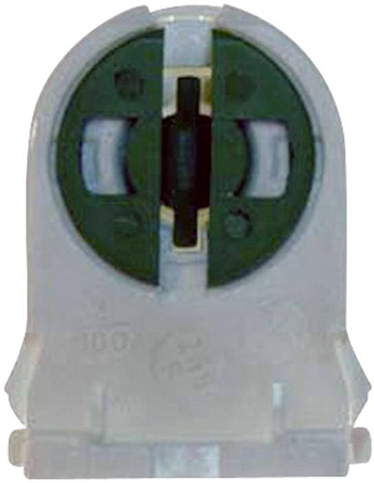 A white and green plastic lamp socket, likely for a fluorescent tube.
