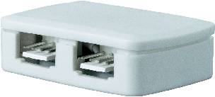 Black plastic box with two USB ports. Port for data transfer and charging electronic devices.