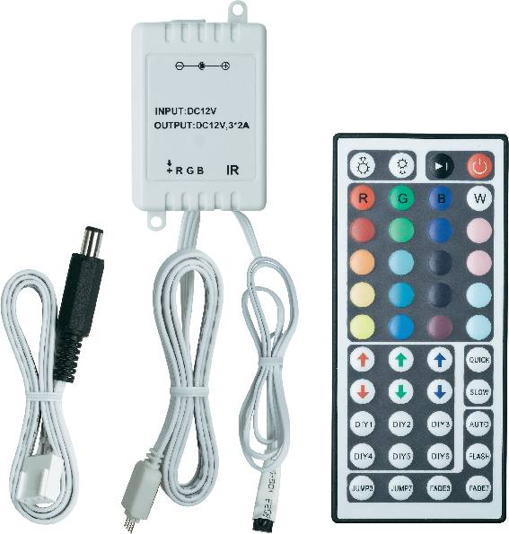 An RGB LED controller set with remote control and cables. The remote control displays colourful buttons for various lighting effects.