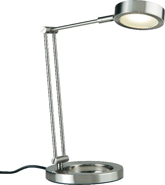 Futuristic silver lamp with a round head and adjustable arms, standing on a modern cylindrical base.