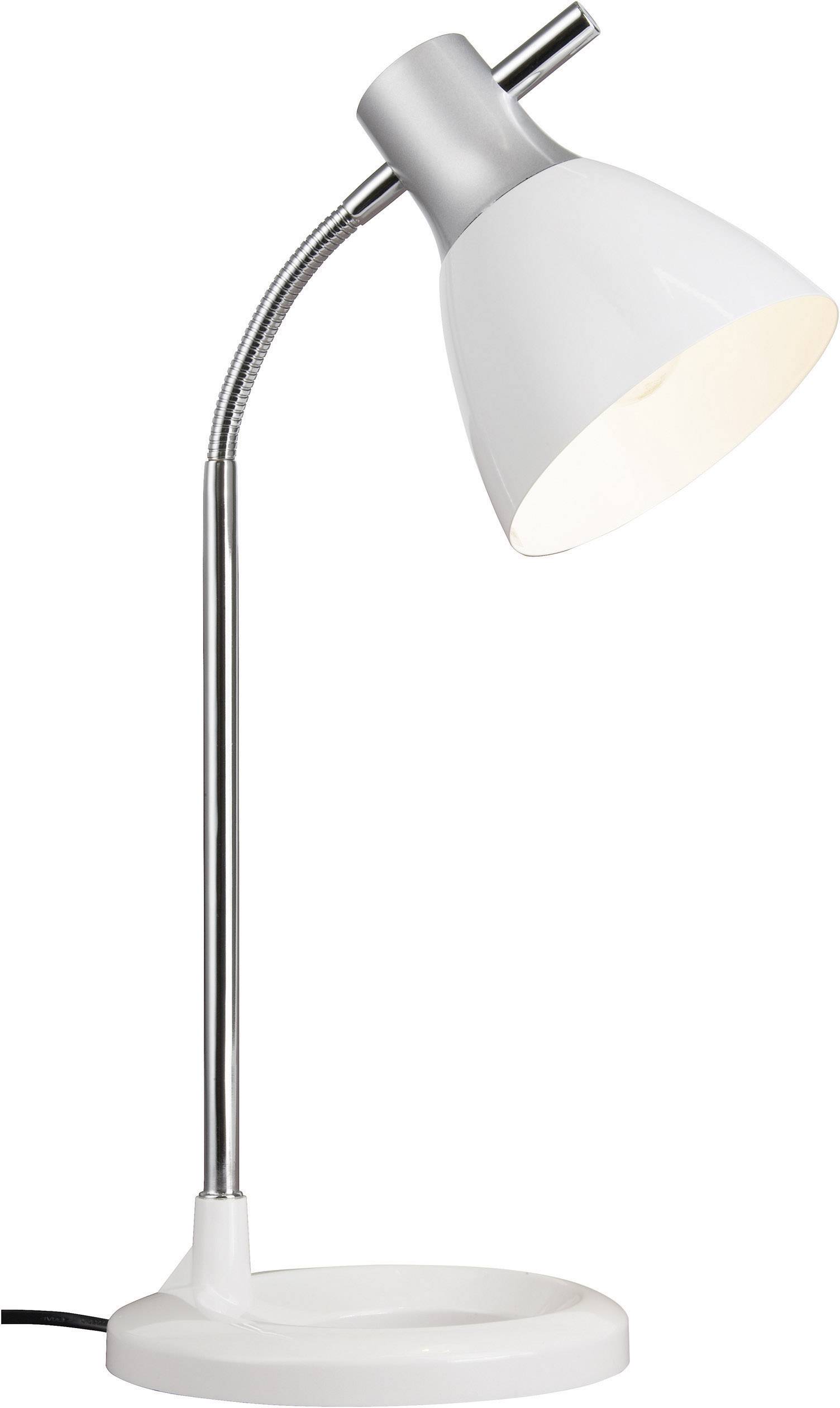 White desk lamp with flexible neck and metallic base, illuminating downwards. Perfect for reading or working.