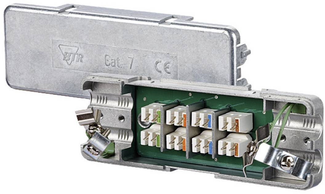 Metallic network connector, opened, showing internal view with colour-coded cable connections for Cat-7 network cables.