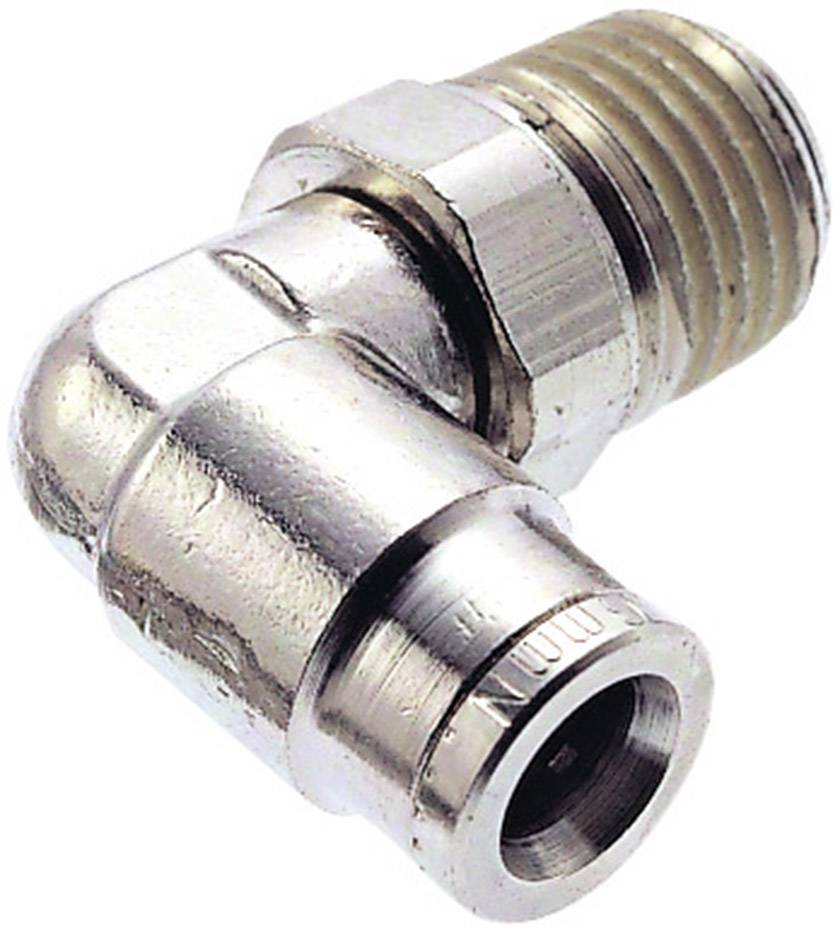 A metal corner connector with internal and external threads, for connecting pipes or hoses in a hydraulic system.