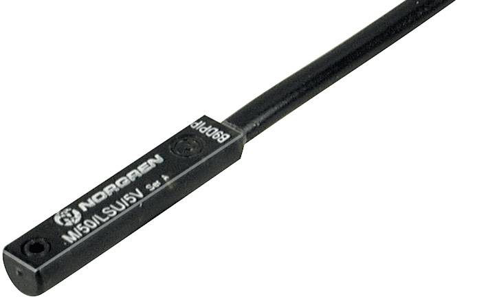 A rectangular proximity sensor with the inscription 'NORGREN M/50/LSU/SV'. A cable is connected at one end.