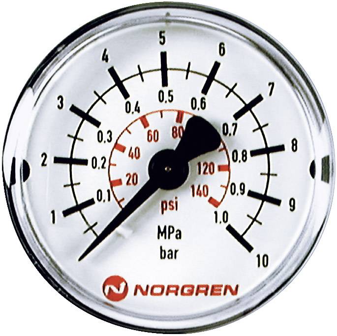 Manometer showing pressure, scale from 0-10 bar and 0-160 psi, pointer indicating 85 psi.