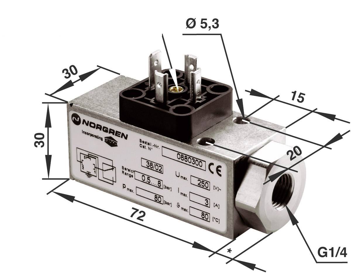 Metal switch with dimensions: Length 72 mm, Width 30 mm, Height 30 mm, Connection G1/4. Maximum 250 V, 6 A.