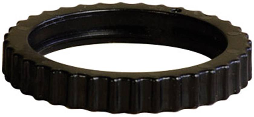 Black round ribbed plastic ring, acts like a seal or gasket.