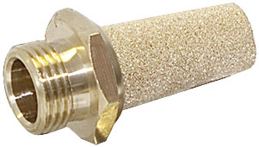 A cylindrical brass damper with external thread and porous filter body, suitable for pneumatic applications.