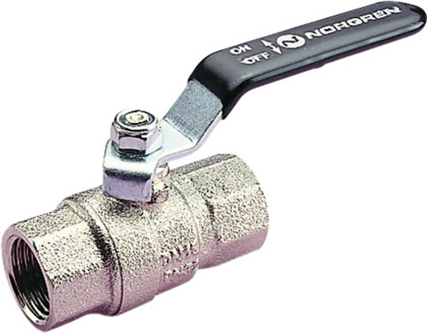 Norgren brass ball valve with lever handle, inscription on lever: ON/OFF, valve for controlling the flow of liquids or gases.