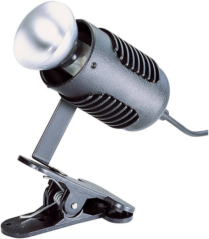 A black LED spotlight with a clip attachment, mounted on a surface, pointing upwards and featuring a modern design. Ideal for accent lighting.