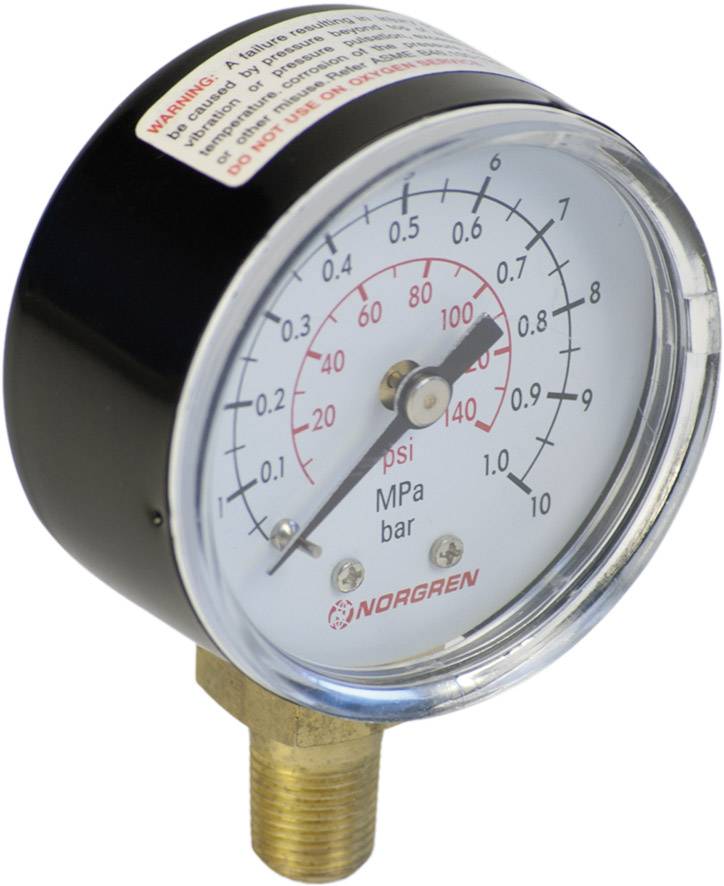 Manometer with scale in psi, MPa and bar. Indicates pressure. Measurement range from 0 to 60 psi, 0 to 0.4 MPa and 0 to 4 bar.