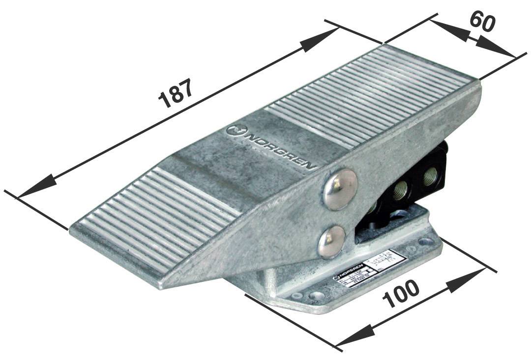 Metal pedal with dimensions: length 187 mm, width 60 mm, base 100 mm. Pedal has a ribbed surface and is mounted with a swivel mechanism.