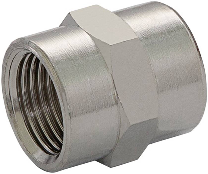 Steel pipe coupling with external thread, cylindrical shape, glossy metal surface. Primarily used for pipe connections.