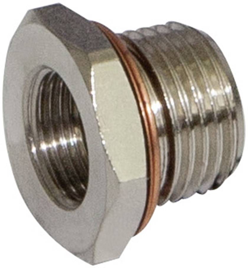 A silver metal adaptor with a threaded end and hexagonal head, used in piping systems.