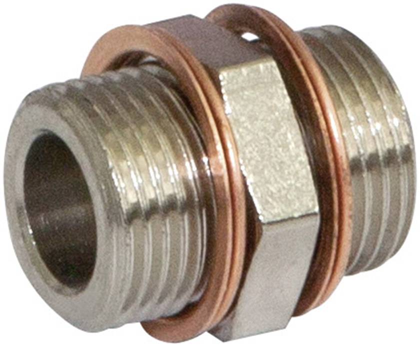 Metal double-threaded connection with two copper rings in the centre, used for stable pipe joining.