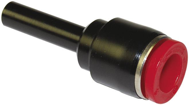 A black metal cylinder with a red end, possibly a tool or machine part, against a white background.