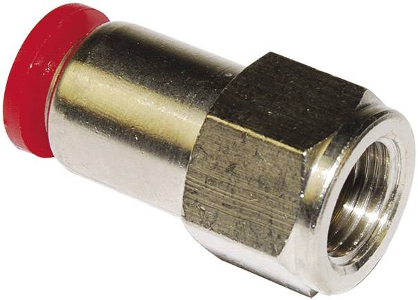Metal connector with a red cap at the end, used for pipe connections in water or gas pipelines.