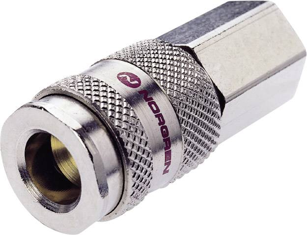 Metallic quick-release coupling plug with knurled surface and red 'Norgren' logo.